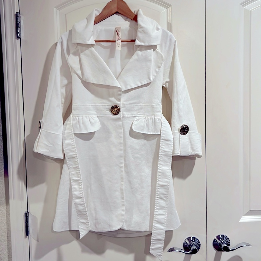 White coat with belt and gold buttons